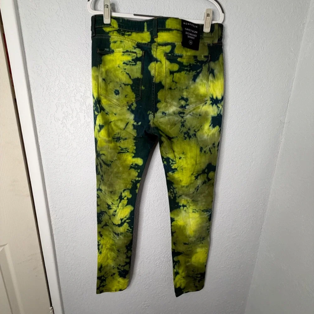 Monfrere Greyson Distressed Skinny Jeans NWT Mens 36‎ Neon Yellow Green Tie Dye